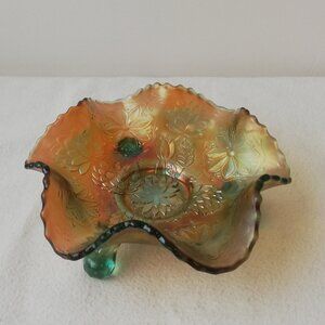 Fenton Carnival Marigold Glass Ruffled Green Footed Candy Dish
